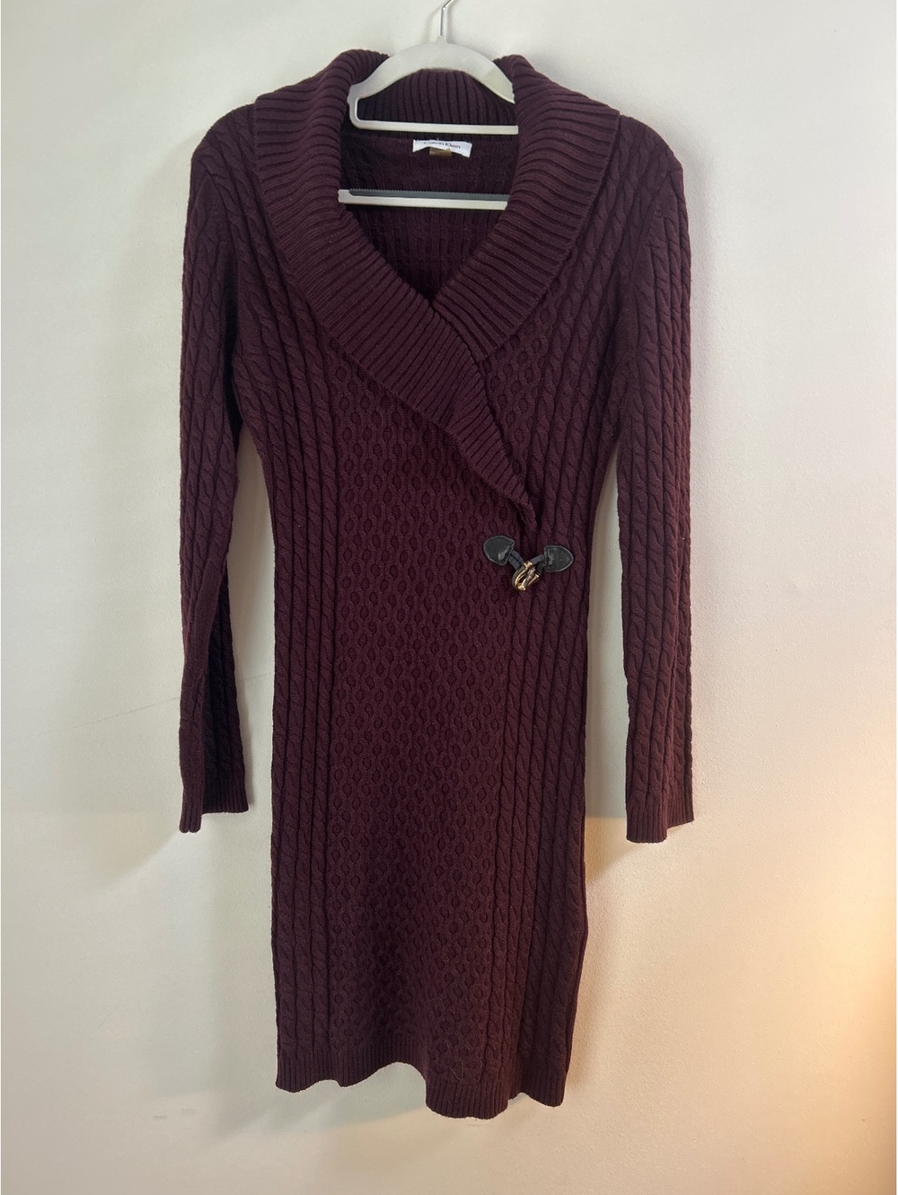 Calvin Klein Burgundy Cable Knit Sweater Dress with Toggle Closure